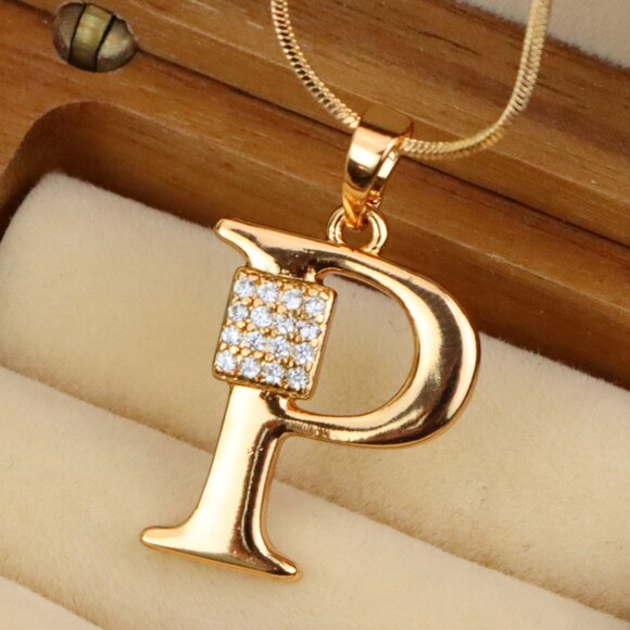 "Rose Gold P Letter Pendant with CZ Accents, XPPT1427 - Picture 1 of 13